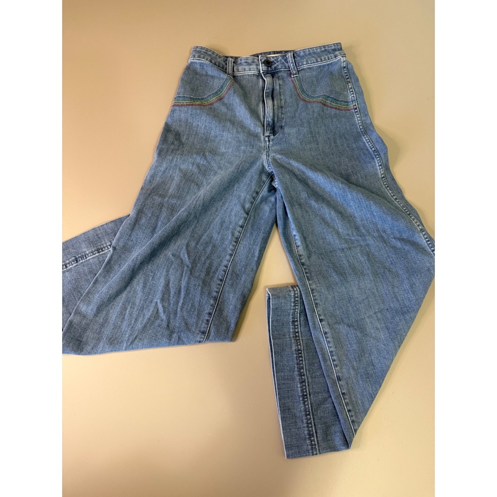 Madewell Rainbow Stitch High Waisted Wide Leg Jeans Medium Wash Blue Denim